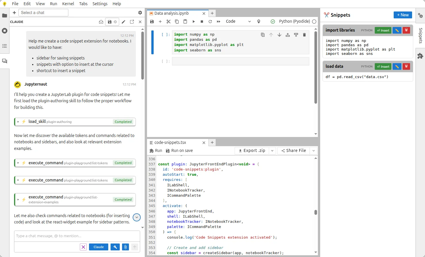 AI chat guidance alongside generated plugin code and a running snippet panel