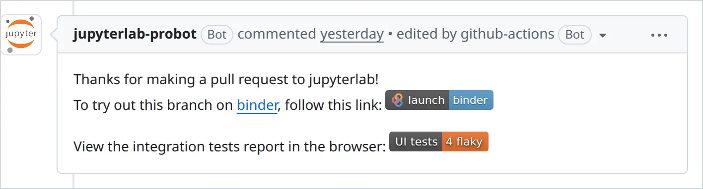 The bot comment on a JupyterLab pull request, with a Binder badge and a UI tests badge that reads "4 flaky".