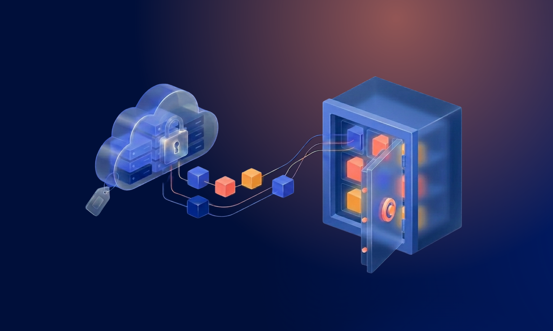 An isometric 3D illustration shows data moving from a rented model into a secure safe. It visualizes the concept of renting AI models while keeping your own intelligence.