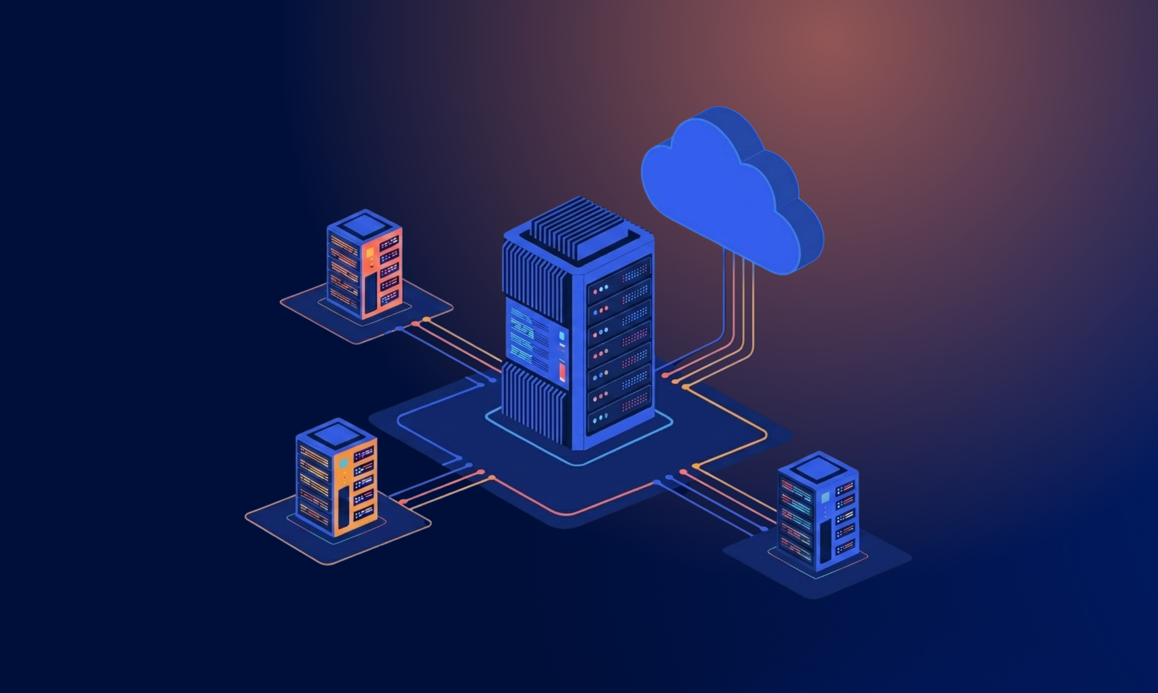 An isometric 3D illustration of a main central server connected to surrounding server nodes and a cloud icon on a dark blue background.