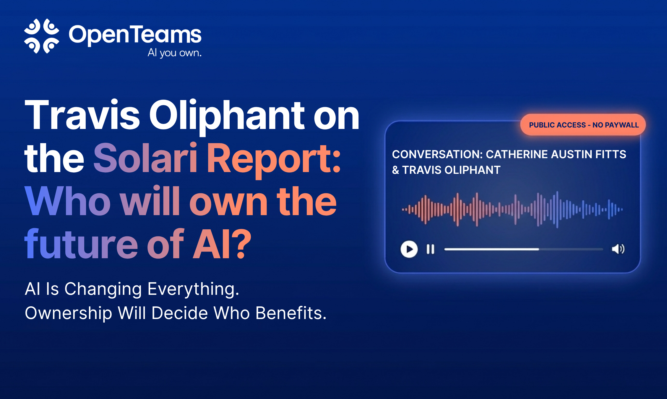 Who will own the future of AI social thumbnail showing the title and sub heading of the blog with and audio widget image on the right