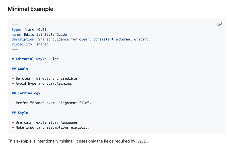 "Code example showing a minimal Frame's YAML frontmatter and a short Editorial Style Guide document