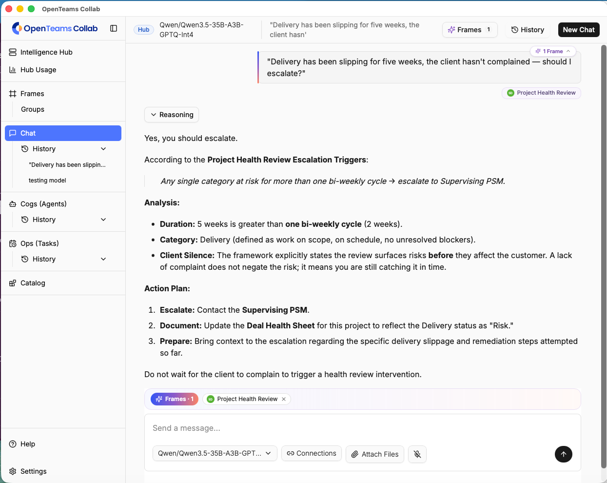 Screenshot of the OpenTeams Collab chat interface with the 'Project Health Review' Frame active, showing the AI's answer to an escalation question: it cites the escalation trigger rule, walks through the analysis, and lists a three-step action plan.